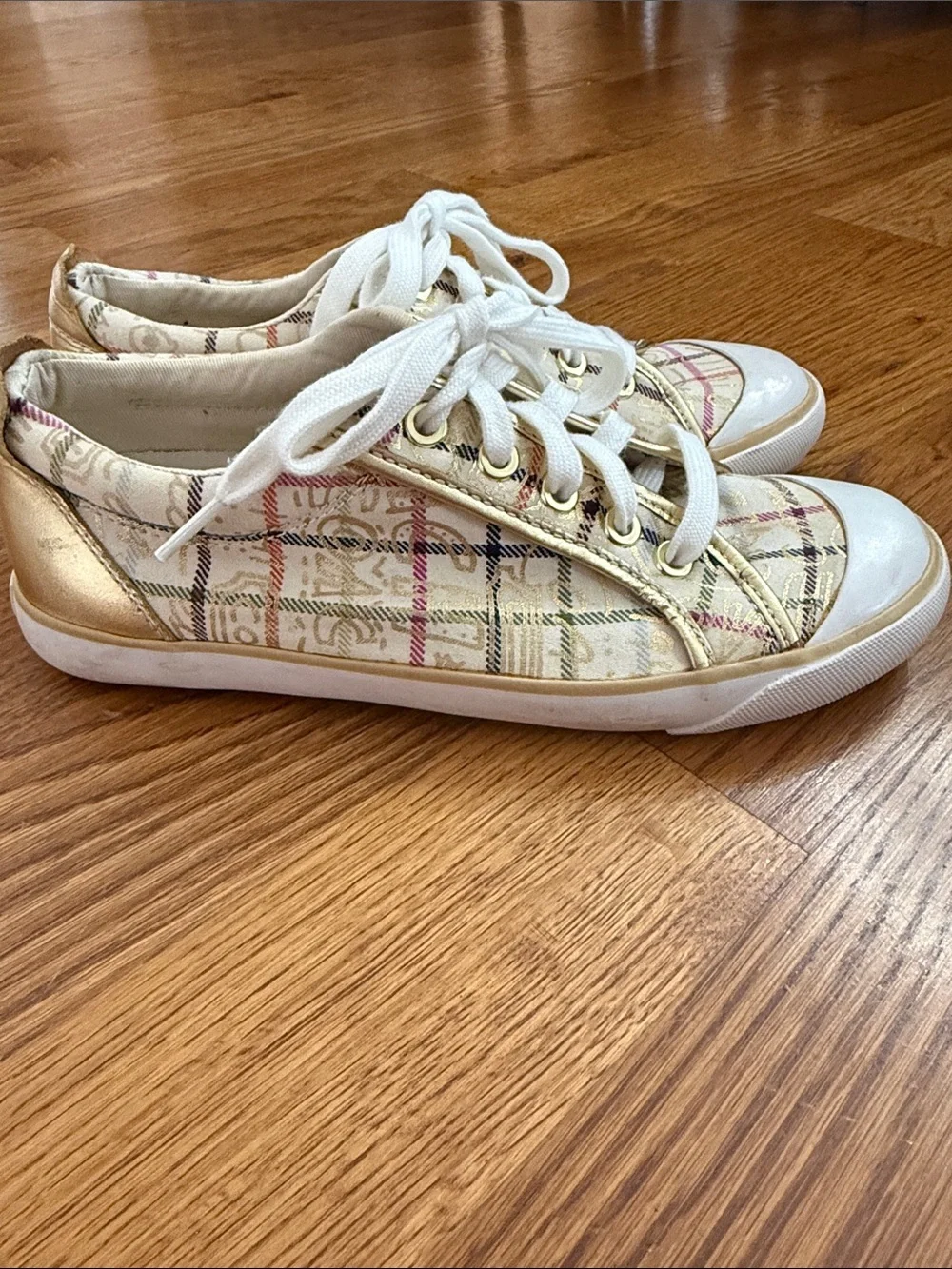 Coach Barrett multi color Plaid Logo Sneakers Gold Trim Women’s Size 7.5B